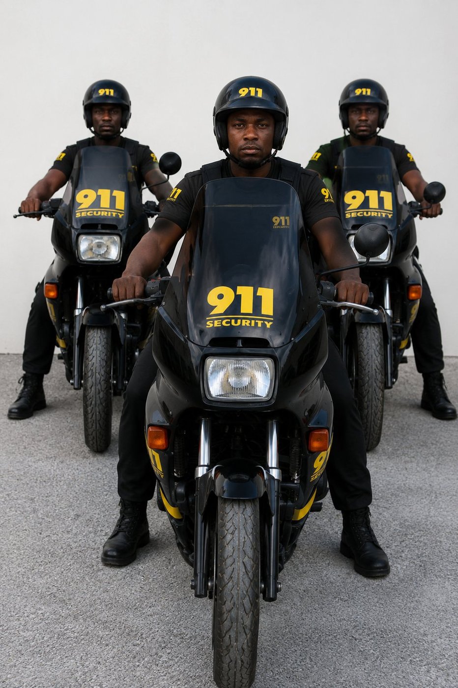 Unité motorisée 911 SECURITY — trois motards en formation